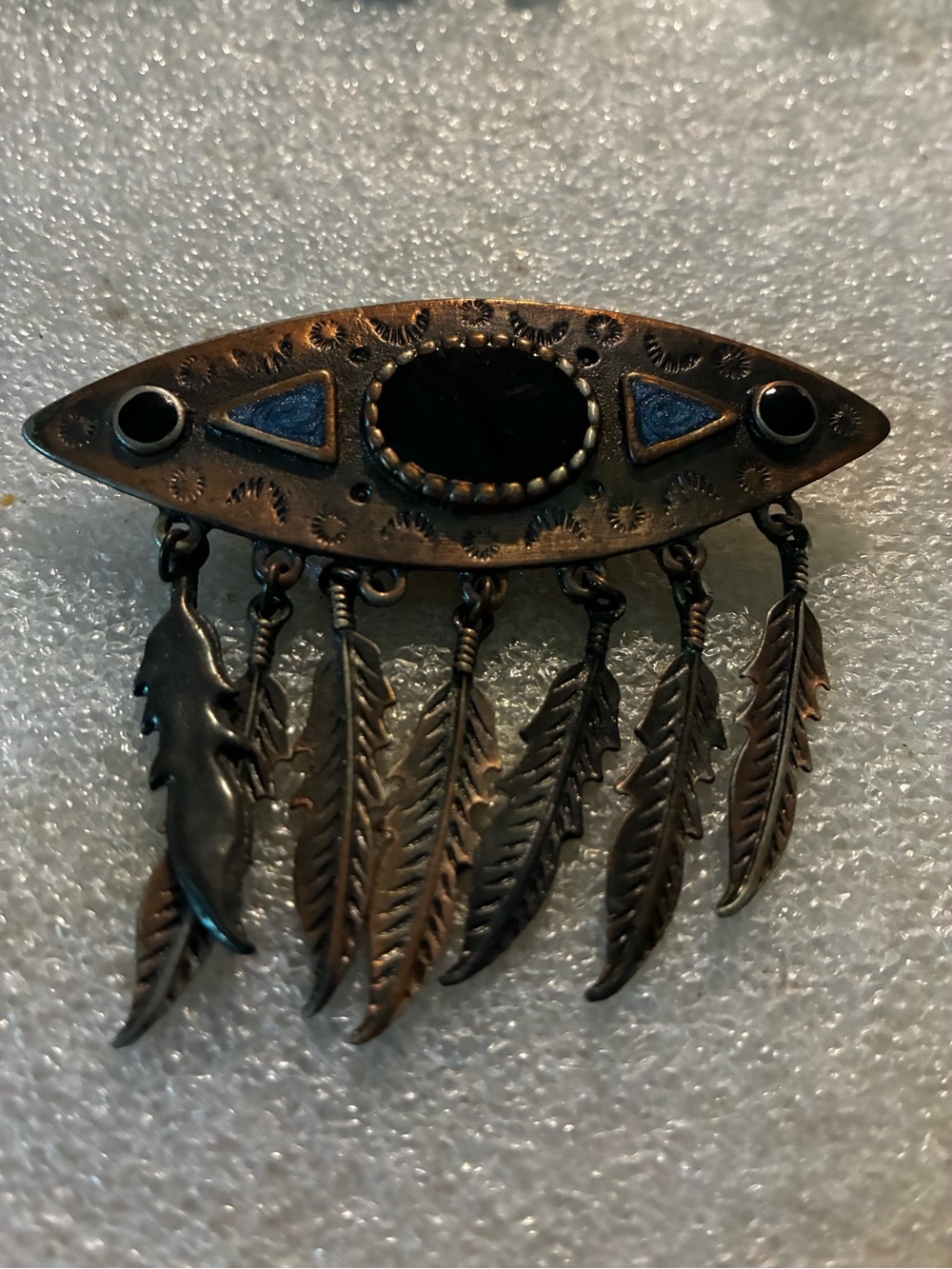 Antique inlay gem feather cooper brooch